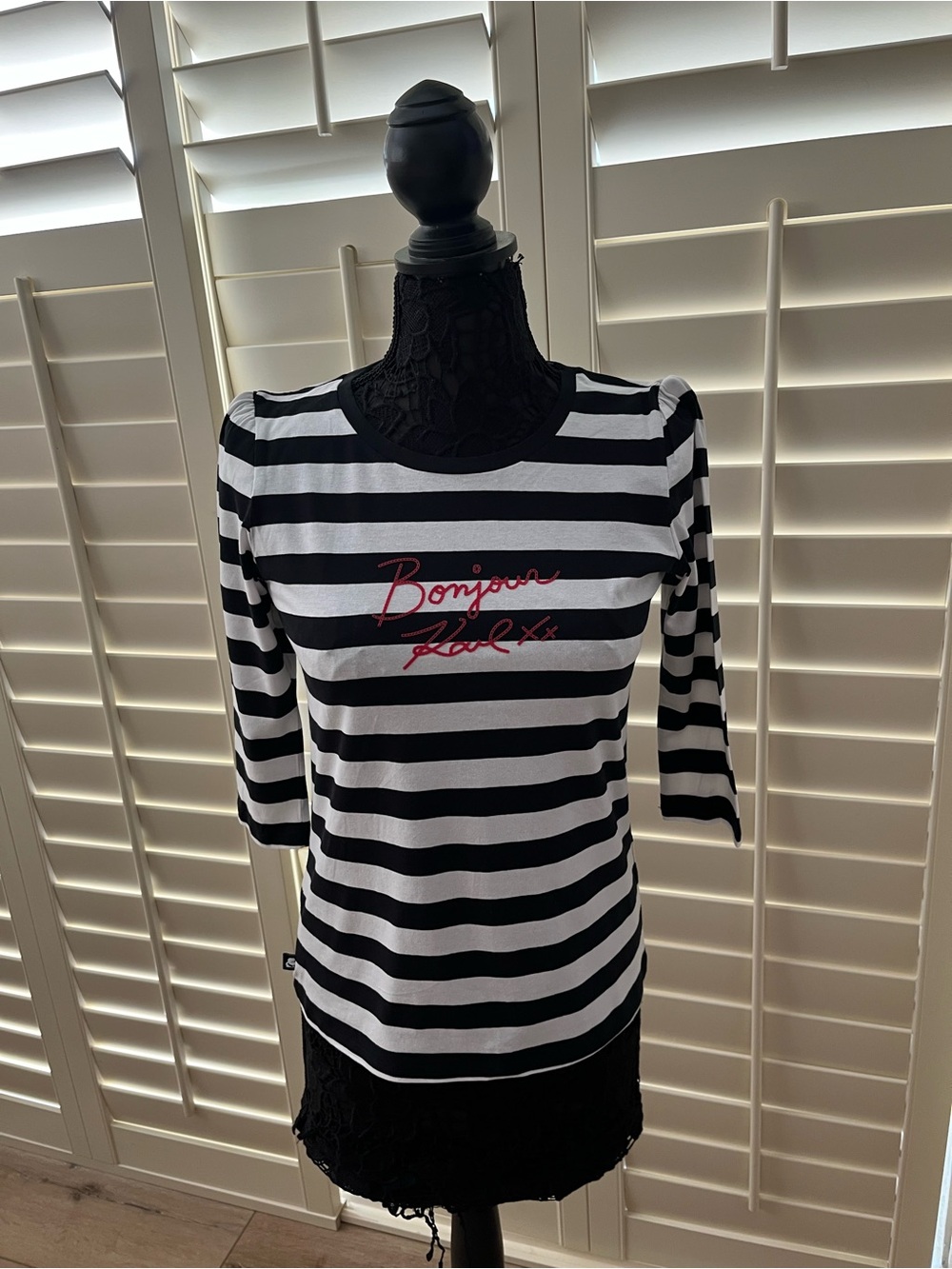 Karl Lagerfeld Striped Black & White 3/4 Sleeve Tee with red lettering